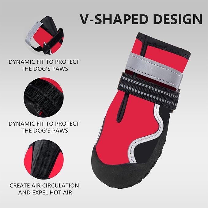 Dog Shoes Small Medium Large Size Dogs, Puppy Booties Paw Protector for Hot Pavement, Non-Slip Waterproof Rubber Reflective Strapped Boots (Red, Size 5#: (2.8 * 2.4) (L*W) for 40-55lbs)