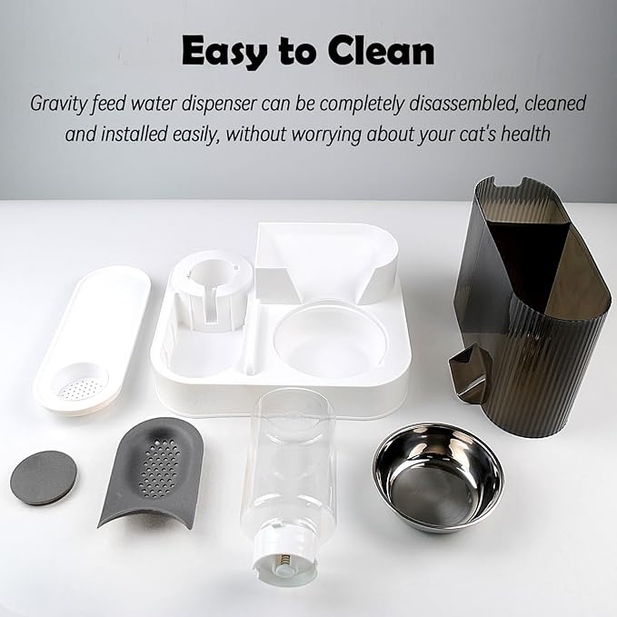 MUYG Automatic Gravity Cat Feeder with Stainless Steel Food Bowl, 2 in 1 Cat Feeder and Water Dispenser Combo Detachable Pet Water and Food Dispenser Set for Puppy Kitten Small Dog(Gray)