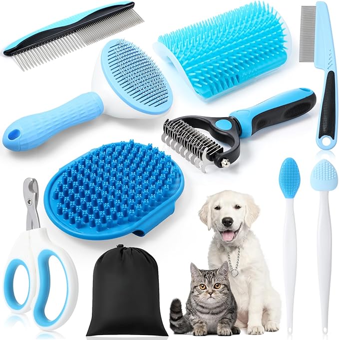 Cats Grooming Kit - 10 Pcs Pet Self Cleaning Kit for Indoor Long Hair Cats Include Brush Bath Brush Needle Comb Toothbrush Nail Clipper Nail Trimmer for Shedding Supplies