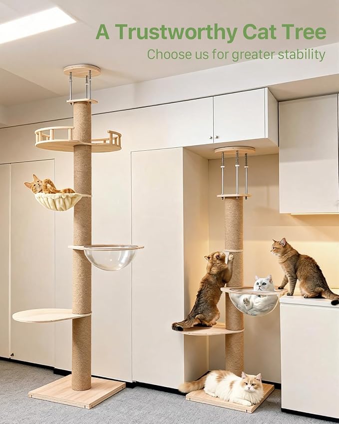 Floor to Ceiling Cat Tree, Adjustable Height (50-120in), 5 Level Tall Cat Tree Tower, Cats Activity Center with Scratching Post, Jump Platform, Hammock & Capsule, Space-Saving Design for Indoor Cats