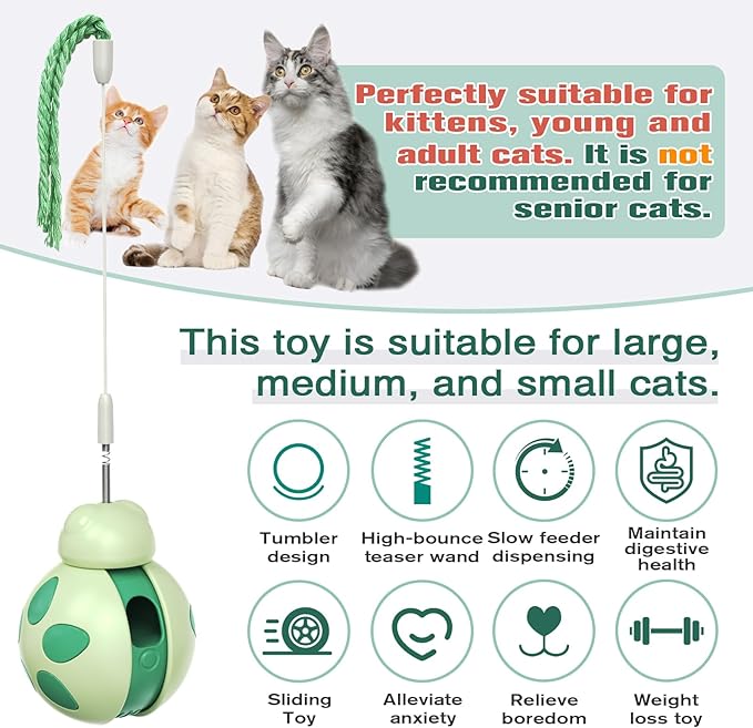 Interactive Cat Treat Toys,Rolling Ball Shape with Teaser Wand on Top,Treat Dispense for Slow Feed and Healthy Diet,Funny Exercise,Safe Play Pet Toy Indoor for Bored Kittens&Adults Cats