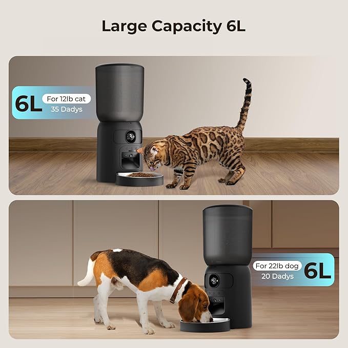 Smart Automatic Cat Feeder with Dual Camera, AI Pet Recognition, 6L Food Dispenser for Cats & Dogs, 2.4G/5G WiFi, App Control, Voice Interaction, Auto Cat Feeder with Dual Power Supply