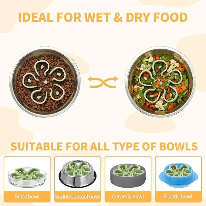 Slow Feeder Dog Bowls Insert, Bestalk Soft Silicone Slow Eating Dog Bowl Insert with Suction Cups for Small, Medium and Large Dogs(Green M)