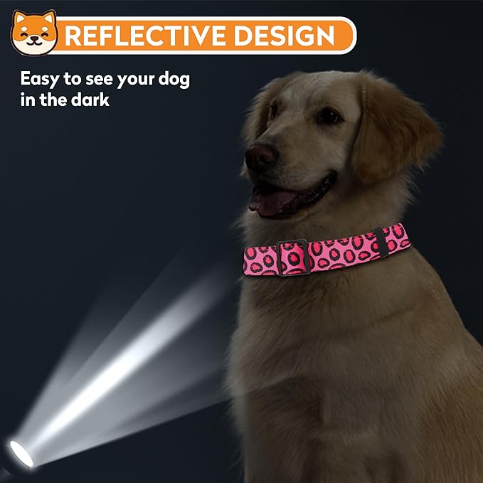 Reflective Dog Collar, Adjustable Soft Neoprene Padded Nylon Pet Collars with Buckle for Puppy and Small Dogs, Cats, Leopard Pink,M