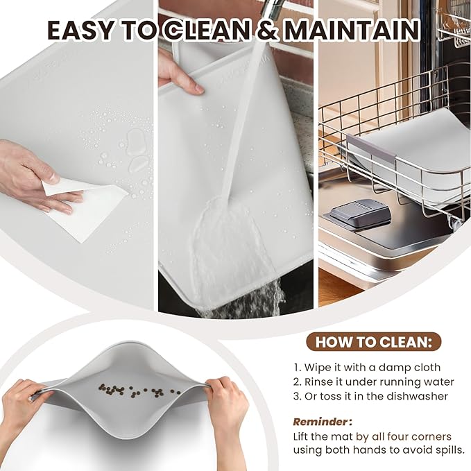 VIVAGLORY Dog Food Mat Flexmat Dog Bowl Mat, Placemat Food Tray with Raised Edges & Lip for Indoor Floor, Non Slip Waterproof Silicone Dish Placemat for Cat & Pet, S, Beige Yellow