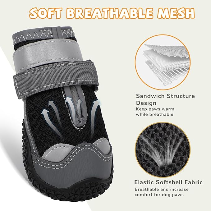 Dog Shoes for Hot Pavement,Dog Boots & Paw Protectors for Large Medium Size Dogs to Prevent Licking,Dog Booties with Reflective for Outdoor,Hiking,Hardwood Floors,Winter Snow(Black Grey,Size7)
