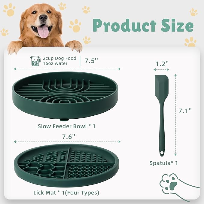 2 in 1 Slow Feeder Dog Bowls Small Breed, Silicone Lick Mat for Dogs, Dog Puzzle Bowl with Suction Cups for Anxiety Relief, Dishwasher Safe,Green,UU Bowl,Flower Lick Pad