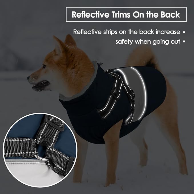 SUNFURA Dog Coat, XXL Dog Jacket Winter with Harness Built in, Waterproof Pet Snow Jacket with Furry Collar for Chilly Day, Reflective Fleece Snowsuit for Extra Large Dogs, Navy Blue 2XL