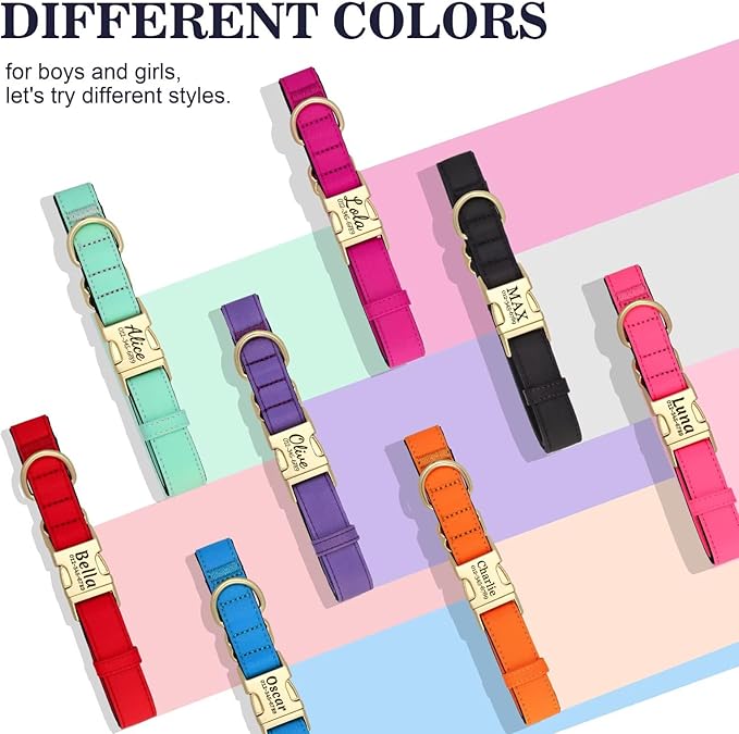 PET ARTIST Colorful Personalized Dog Collars, Custom Dog Collar with Silent Engraved ID Tag, Lightweight Breathable Nylon & Soft Padded, Matching Leash & Poop Bag for Large Dogs,Rose,L Fit 15-23"