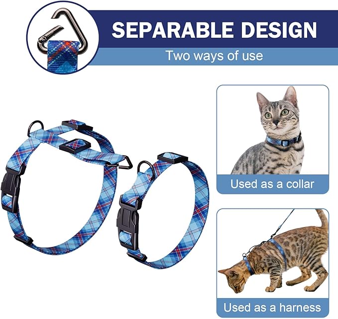 Hikiko Cat Harness and Leash Set Escape Proof Adjustable Walking Travel Soft Boy Kitten Harness for Small Medium Large Cats (Blue Plaid, S)