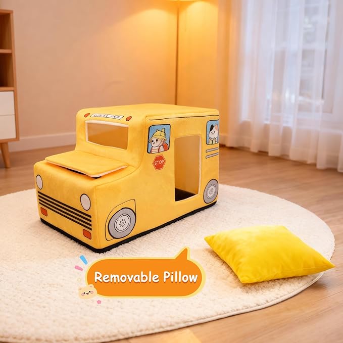 Cute Cat Beds Kitten Beds, Soft Small Dog Beds, Washable Pet Beds for Puppy and Kitty, Funny School Bus Cat Cave, 23 Inches