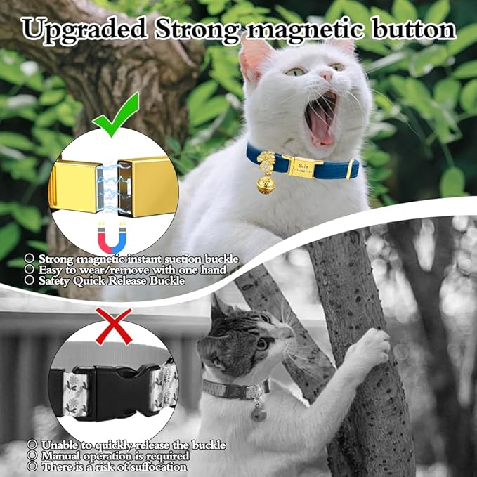 Personalized Breakaway Cat Collars - Magnetic Buckle, Bell - Safety Quick Release, Customized for Girls & Boys Cats- (Velvet-Navy)