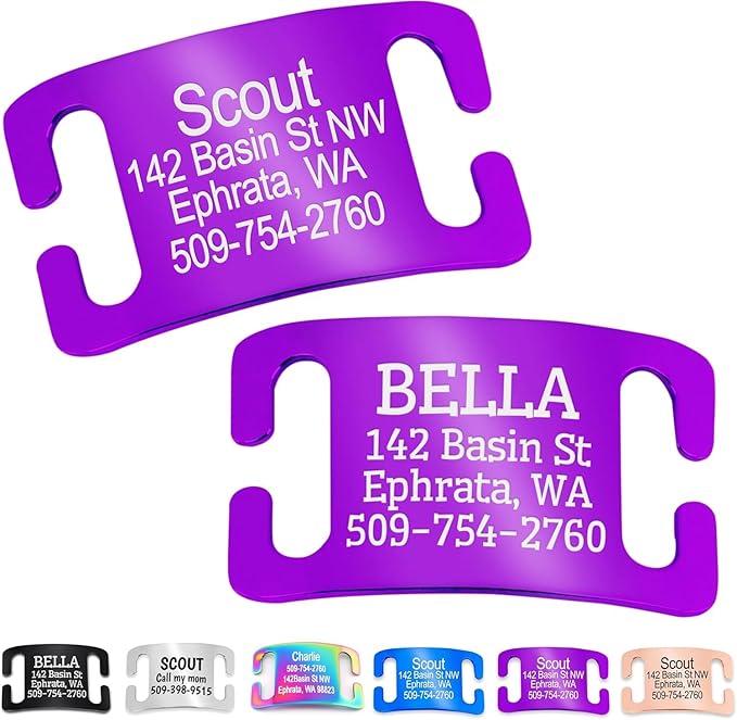 GoTags Slide-On Pet ID Tags, Curved Personalized Dog and Cat, Silent, No Noise Stainless Steel, Custom Engraved in 4 Sizes for Large and Small Pets, Purple