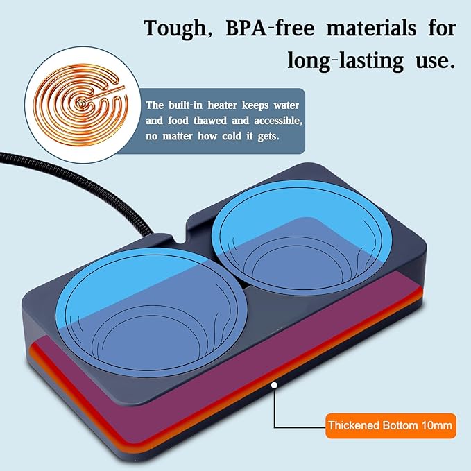 Heated Pet Bowl for Outdoor Cats & Dogs in Winter, Anti-Freeze Food & Water Pet Dual Bowl with Chew-Resistant Cord, Waterproof for Winter Feeding, 20.3oz Each
