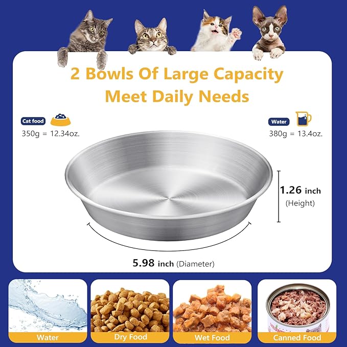 Petdream 2-Pack Stainless Steel Cat Food Bowls, Shallow Whisker-Friendly Non-Slip Silicone Base Metal Dishes, Easy to Clean Indoor Water Flat Plates for Cat, Kitten, Small Dog (5.9")