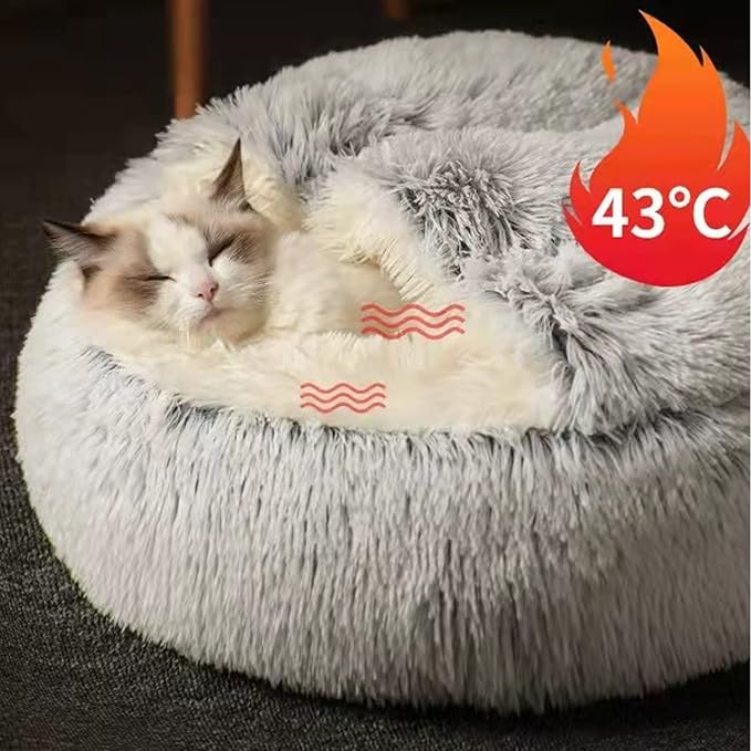 Anti-Anxiety Cat Bed, Plush Hooded Cave, 20 in Diameter, Suitable for Small to Medium Pets, Pink