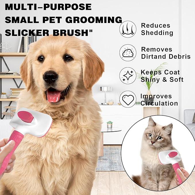 Self Cleaning Slicker Brush, Dog Cat Pet Grooming Shedding, Deshedding Brush and Dematting Tool, Easy to Remove Loose Undercoat, Knots, Mats, Tangles,and Flying Hair (Light Pink)
