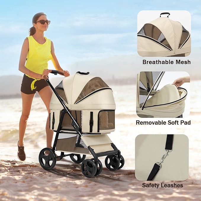 4 Wheels Pet Stroller for Small/Medium Dogs and Cats with Detachable Carrier and Storage Basket,One Click Folding, Compact Portable,3 in1 Multifunctional (Khaki)