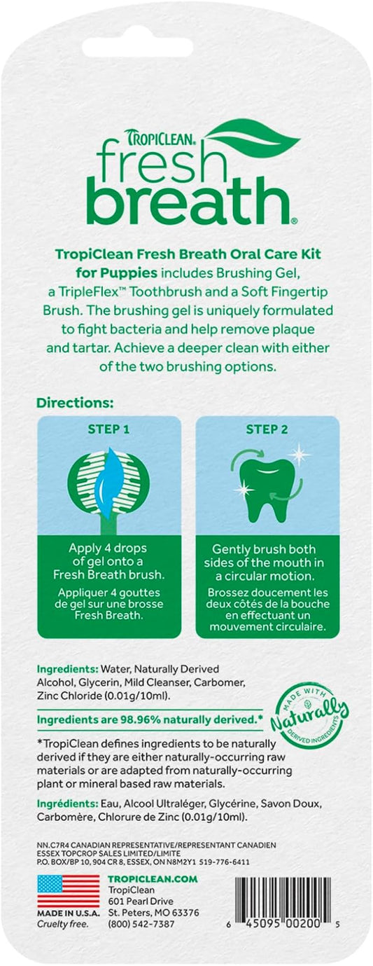 TropiClean Fresh Breath Toothbrush and Toothpaste Kit for Puppies, Teeth Cleaning Kit to Prevent Plaque & Tartar, Breath Freshener, Dog Dental Care