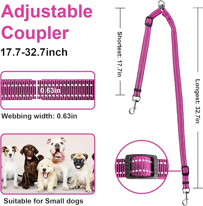 MingXpet Double Dog Leash for Two Dogs, No Pull Dog Leash, 360° Swivel No Tangle for Small Dogs Walking & Training, Shock Absorbing Reflective Bungee, Rose
