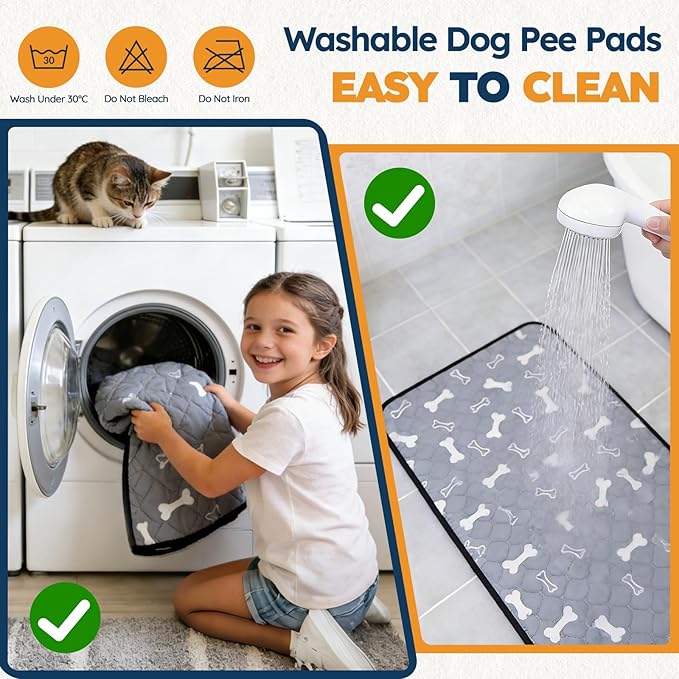 2 Pack Washable Pee Pads for Dogs, Absorbent Reusable Puppy Training Pads, Leakproof, Non-Slip, Waterproof Cat Doggie Pad Pet Potty Mat for Indoor&Outdoor, Whelping, Crate, Gray 28"x40"