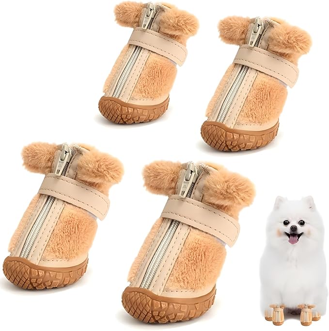 Dog Shoes for Small Dogs, Fleece Dog Boots Paw Protector for Comfort and Warmth, Dog Booties with Anti-Slip Sole for Winter Snow Hardwood Floors Walking Brown Size 2