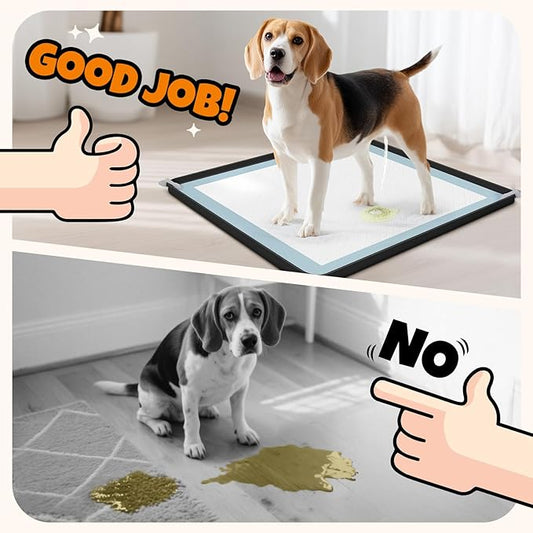 LOOBANI Dog Pee Pad Holder - Non-Slip Silicone Dog Potty Tray with 4 Clamps, High Edge Puppy Pad Holder Tray for Indoor Outdoor Potty Training, Fits to 24" x 24" Square Pads, Black