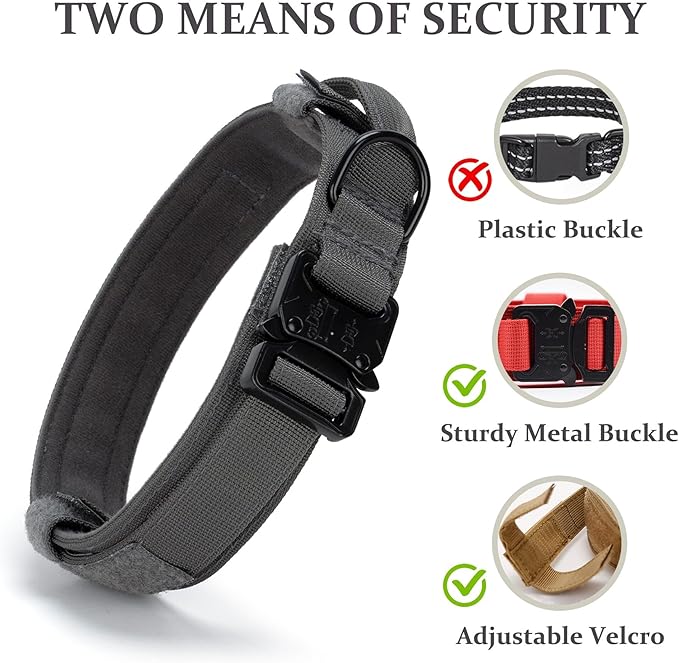Tactical Dog Collar, Adjustable Military Training Nylon Dog Collar with Control Handle and Heavy Quick-Release Metal Buckle for Small Medium Large Dogs, Grey L