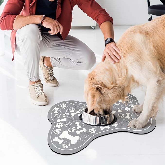 Dog & Cat Food Mat Bone Shaped Pet Feeding Mat Quick Absorb Water Bowl Placemat with Rubber Backing Indoor Floor Stain Resistant Pet Accessory Supplies (Grey Small, 12x18 Inches)