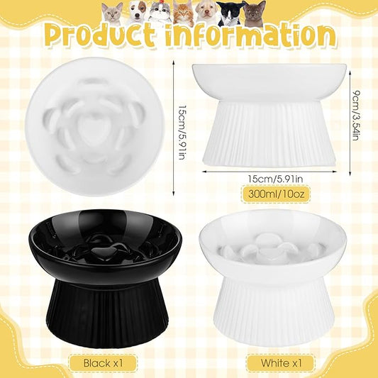 Tioncy 2 Pcs Raised Cat Slow Feeder Bowl Ceramic Elevated Cat Dog Food Bowl No Spill High Edge for Dry Wet Food and Water Easy to Clean, Dishwasher Safe (Black,White)