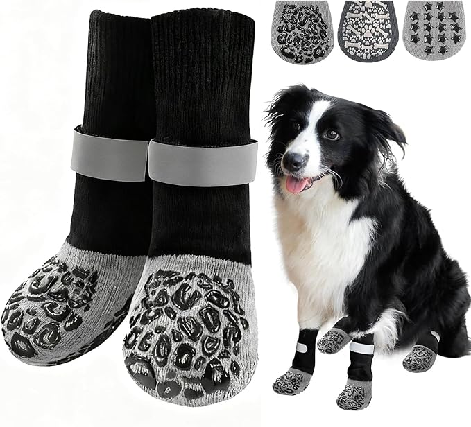 HeavenEye Anti Slip Dog Socks, Dog Paw Protectors Maximum Grip Prevent Licking Paws Slipping, Paw Protector for Hot & Cold Pavement Shoes Boots for Small Medium Large Senior Dogs(Black Leopard,M)