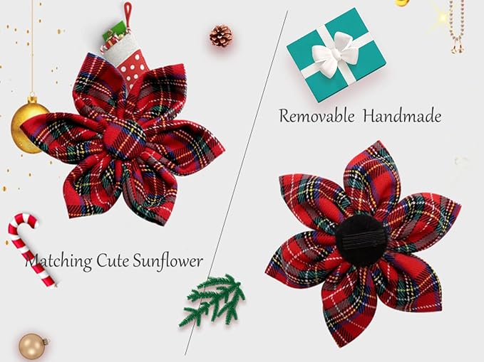 Uniqe Style Paws Christmas Grid Dog Collar, Female or Male Adjustable Puppy Collar with Flower, Durable Floral Pattern Pet Collar for Small Dogs