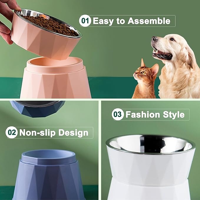 Elevated Cat Bowls for Food and Water 2Pcs, Raised Cat Food Bowls Beneficial for Digestion, Resonable Height, Whisker-Relief, Easy to Clean, 13oz(White)