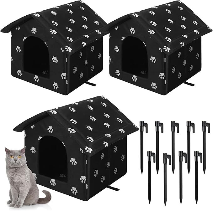 Soaoo 3 Pcs Cat Houses for Outdoor Stray Cats Shelter Weatherproof Outside House Indoor Foldable Pet Cave with Tent Stakes for Wild Animal Dogs(Paw Style)