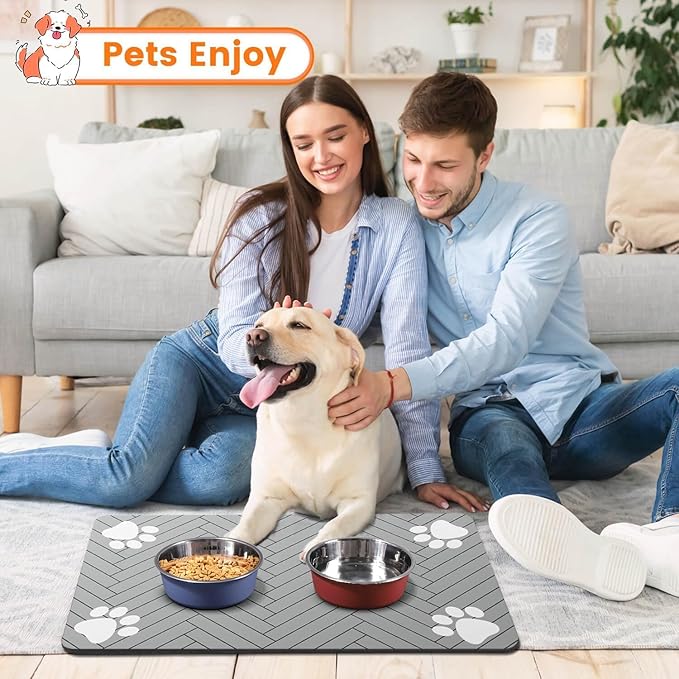 Absorbent Waterproof Pet Feeding Mat - Non-Slip Rubber Backing Quick Dry Food Water Bowl Mat for Dogs Cats (Light Gray, 20" L x 30" W)