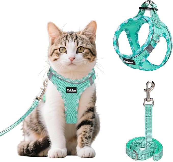 Cat Harness and Leash Set for Walking, Escape Proof Adjustable Soft Mesh Kitten Harness with Reflective Strips, Breathable No-Choke Pet Vest for Small Cats or Puppies(Green,XXS)