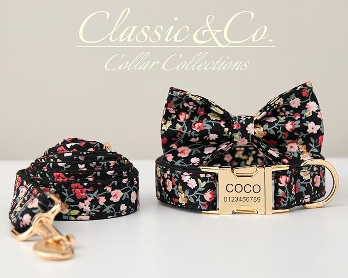 Personalized Dog Collar with Engraved Metal Buckle - Custom Name & Phone Number - Adjustable for Small, Medium, Large Breeds (Floral)