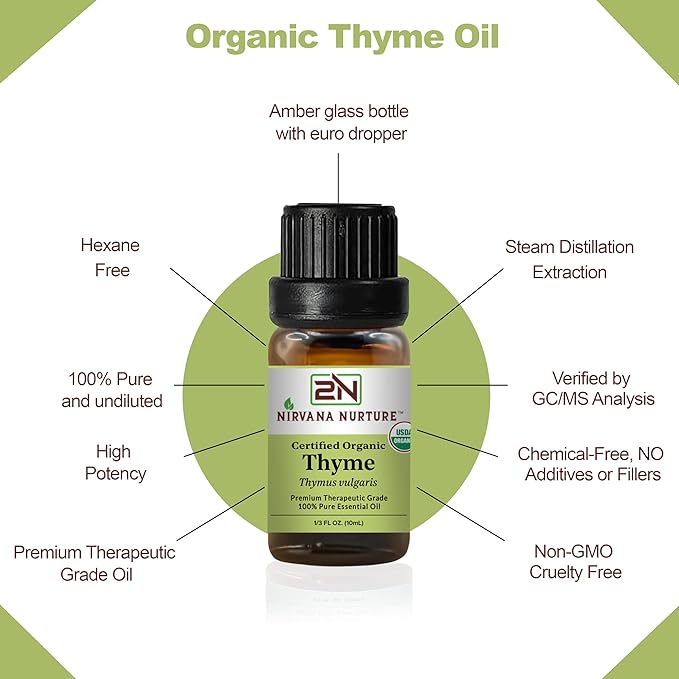 Nirvana Nurture Thyme Essential Oil USDA Certified Organic, 100% Pure Natural Premium Grade, Undiluted