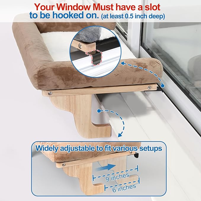 Zakkart Cat Perch for Window Sill with Bolster - Orthopedic Hammock Design with Premium Hardwood & Robust Metal Frame - Cat Window Seat for Large Cats and Kittens - Dark Stained Wood Gray Bed, 24''W