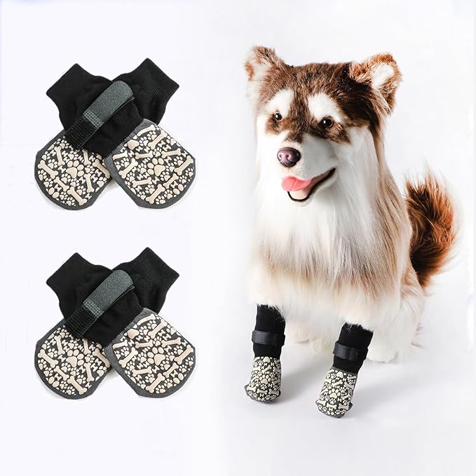 Anti Slip Dog Socks to Prevent Licking Paws, Dog Booties Shoes for Hot Pavement, Dog Socks with Grippers for Hardwood Floors, Senior Dog, Paw Protector (S, Bone Pattern)