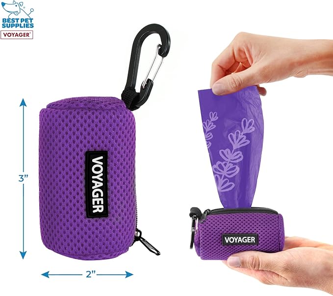 Best Pet Supplies Dog Poop Bag Holder Leash Attachment with 15 Bags, Purple, Reusable Mesh Dispenser Pouch for Travel, Walking, Park, and Outdoor Use, Soft and Durable with Clip-On