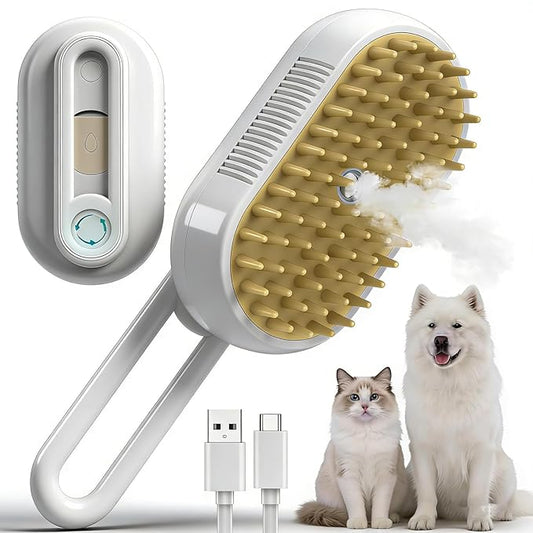 Pet Cold Mist Grooming Brush - Self-Cleaning Deshedding Tool for Dogs & Cats | Spritz Function, USB Rechargeable, Slicker Comb for Long/Short Hair (White)