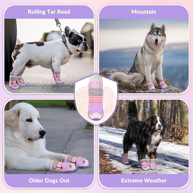 SlowTon Dog Shoes for Large Small Medium Dogs - Breathable Dog Boots for Summer Hot Pavement, Paw Protector for Outdoor Walking Winter Snow, Anti-Slip Rubber Dog Booties for Hard Floor (Pale Pink, 0)