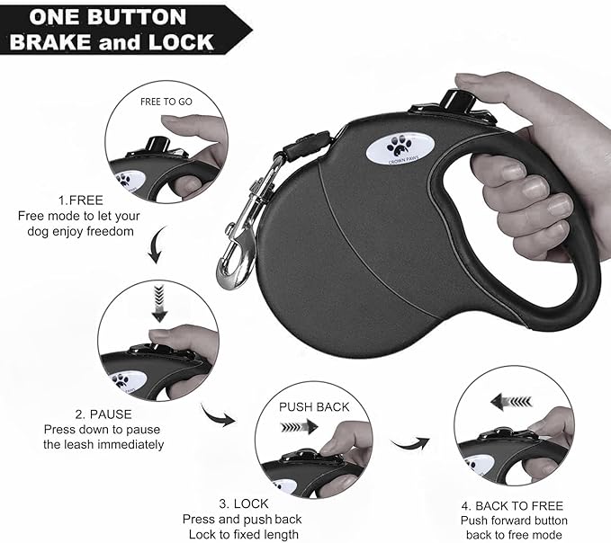 CROWN PAWS 16 ft Retractable Dog Leash for Large Dogs up to 44 lbs,Tangle-Free Nylon Tape,Black Dan M