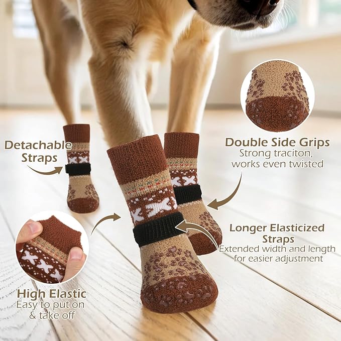 EXPAWLORER Anti Slip Dog Socks to Prevent Licking Paws, Soft Dog Boots & Paw Protectors, Dog Booties for Hardwood Floors, Shoes for Small Medium Large Senior Dogs, Khaki M