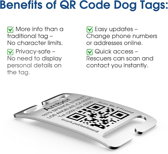 QR Code + Text Dog Tags Personalized for Pets Cats Custom ID Laser Deep Engraving Stainless Steel Ultra Durable Up to 3 Text Inputs, Polished Curved Rectangular Arch, Medium for 3/4" Collars