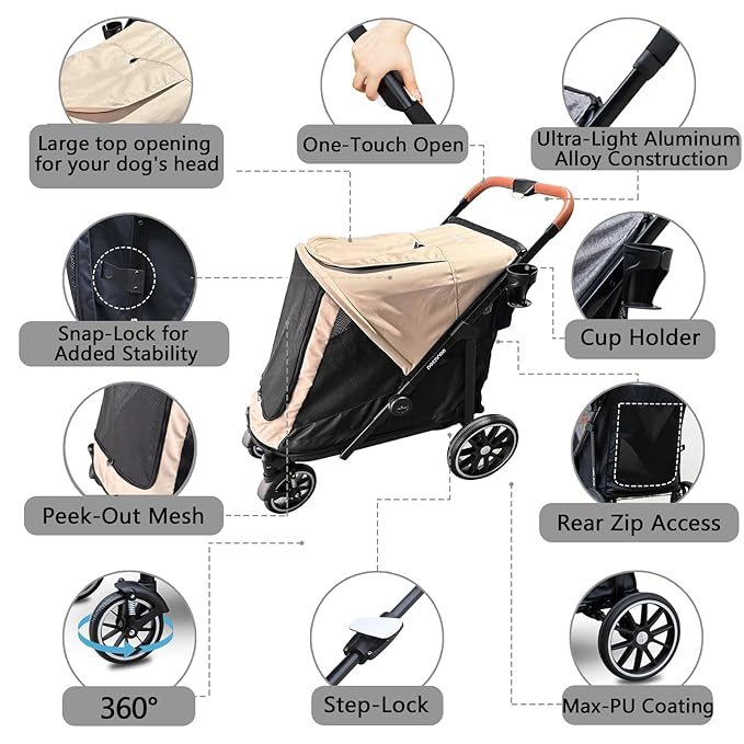 Dog Stroller for Large Dogs up to 50kg One-Button-Collapsing Cat Stroller for 2 Large Cats 360° Wear-Resistant Rubber Wheels Mesh Windows. (Khaki, 39"x24"x31.5")