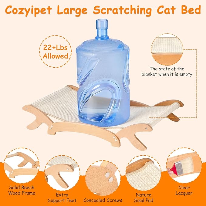 Sisal Cat Scratcher Bed for Indoor Cats Hammock with Solid Beech Wood Frame with Clear Finish, Large Stable Scratch Pad Lounge for Napping and Scratching, 26.3 x 16.1 inches