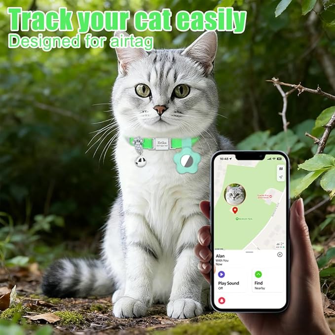Personalized Safety Elastic Cat Collars with Bell Soft Silicone Cover for Air Tag,Laser Customized Stretch Kitten Collars for Girls Boys Cats (Light Green)