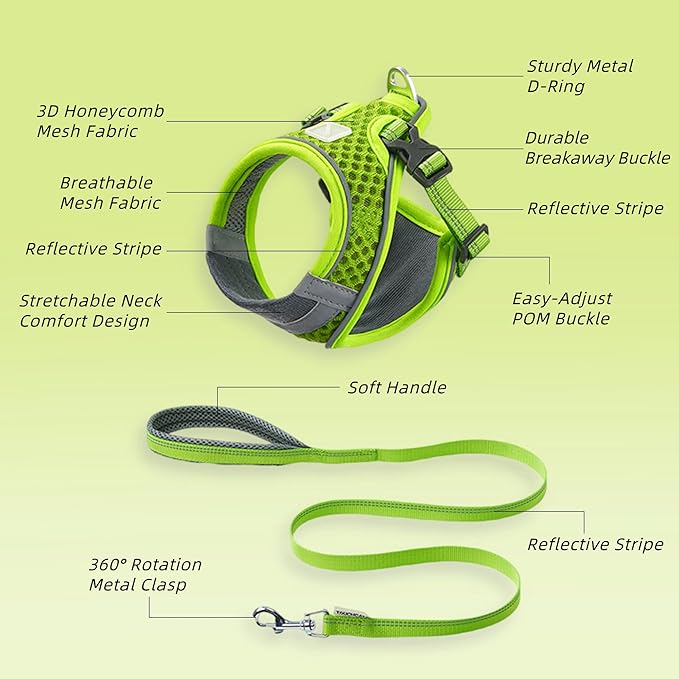 Cat Harness and Leash Set for Comfortable Outdoor Walking, Escape Proof, Adjustable Soft Kitten Vest Harness with Reflective Strip for Cats, Small Dogs (Green, M)